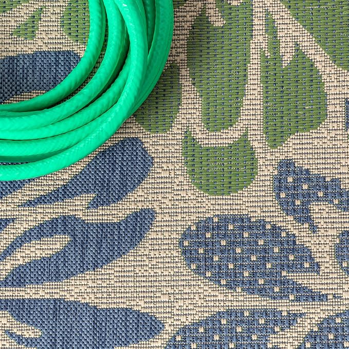 JONATHAN Y Floral Textured Weave Indoor Outdoor Round Area Rug 4 Ft Navy/Green, Zinnia Modern for Backyard, Patio, Porch, Easy-Cleaning, High Traffic, Pet-Friendly, Non-Shedding (SMB110B-4R)