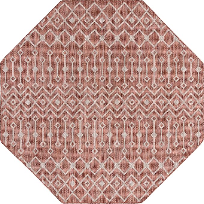 Unique Loom Outdoor Trellis Collection Area Rug - Tribal Trellis (7' 10" Octagon, Rust Red/ Ivory)