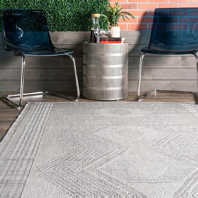 Nuloom Ranya Light Grey/Ivory, 8' Round, Tribal Geometric, Soft and Cozy, High Traffic, Stain Resistant, Easy Clean, Durable Area Rug for Indoor/Outdoor Patio, Deck, Porch, Garden, Courtyard