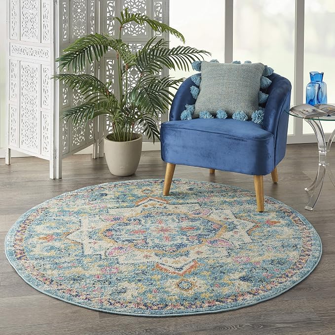 Nourison Home Passion Ivory Light Blue 5' x Round Area Rug - Easy Clean, Non Shedding, Bed Room, Living Room, Dining Room, Kitchen (5' x Round)