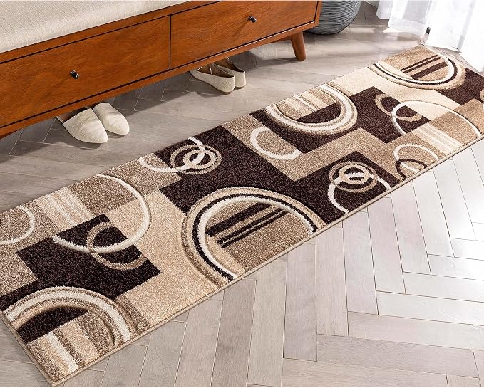 Well Woven Ruby Echo Shapes & Circles Geometric Ivory and Beige 2 by 7 Runner Rug - Beveled Circle Design, Medium Pile Contemporary Carpet, Durable Stain Resistant Hallway Runner, Hand-Carved Texture
