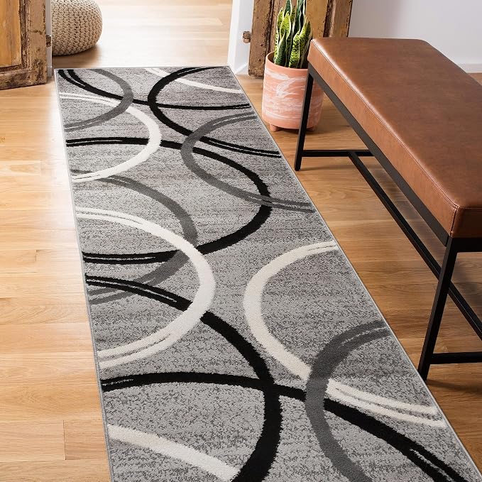 Rugshop Wavy Circles Non-Shedding Living Room Runner Rug Gray 2' x 7'2" | Runner, Size 2' x 7'2", Bedroom, Dining Room, Home Office, Kitchen, Entryway, Hallway, Nursery, Kids Room, Guest Room
