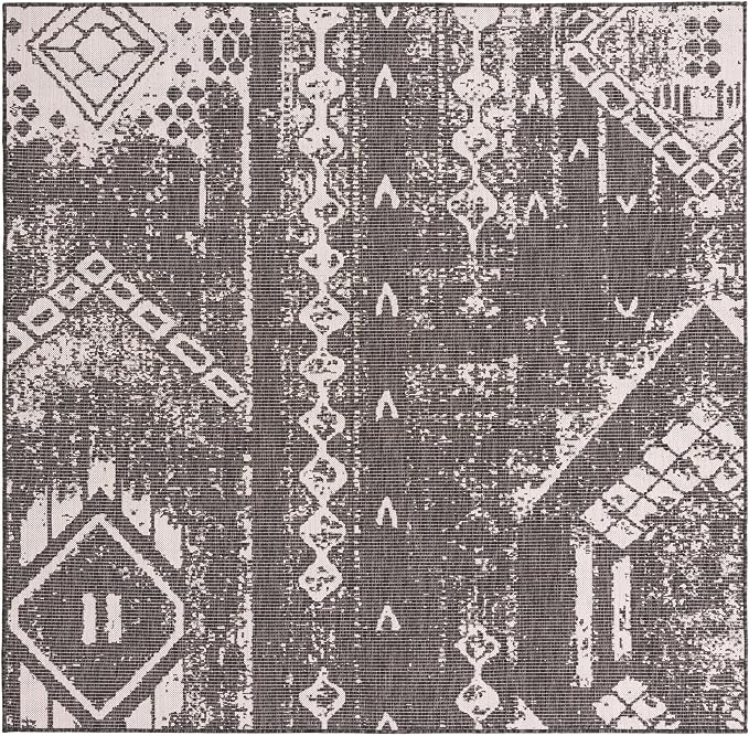 Unique Loom Outdoor Bohemian Collection Area Rug - Anthro (7' 1" Square, Charcoal Gray/ Ivory)