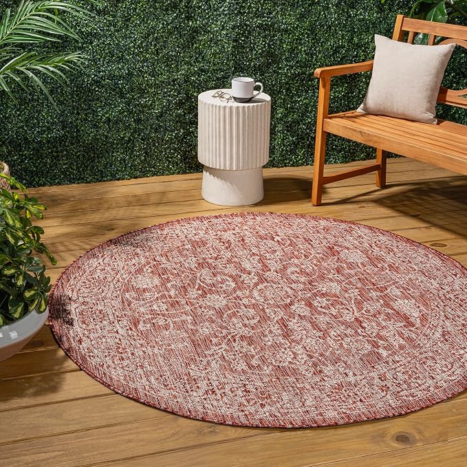 JONATHAN Y Weave Floral Indoor Outdoor Round Area Rug 4 Ft Red/Taupe, Tela Bohemian Textured for Backyard, Patio, Porch, Easy-Cleaning, High Traffic, Pet-Friendly, Non-Shedding (SMB100A-4R)