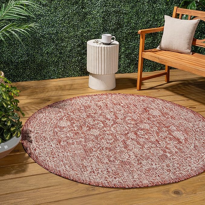 JONATHAN Y Weave Floral Indoor Outdoor Round Area Rug 5 Ft Red/Taupe, Tela Bohemian Textured for Backyard, Patio, Porch, Easy-Cleaning, High Traffic, Pet-Friendly, Non-Shedding (SMB100A-5R)