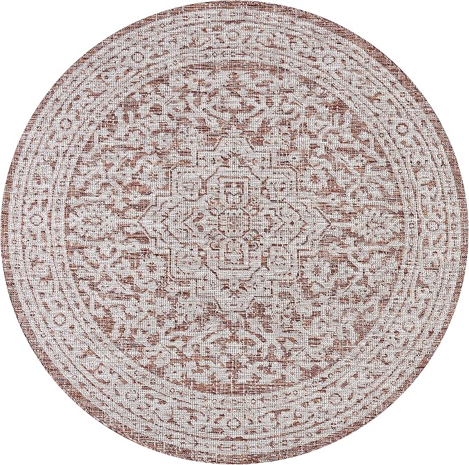 JONATHAN Y Medallion Weave Indoor Outdoor Round Area Rug 9 Ft Red/Taupe, Sinjuri Textured for Backyard, Patio, Porch, Easy-Cleaning, High Traffic, Pet-Friendly, Non-Shedding (SMB101A-9R)