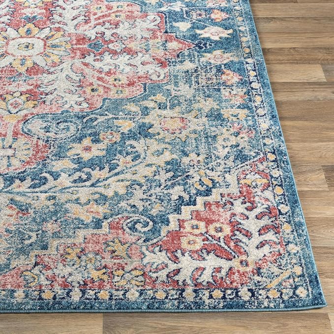 Livabliss Area Rugs - 8x10 Odelia Vintage Boho Blue Off-White Saffron Area Rug for Living Room Bedroom - Floral Medallion Stain Resistant Carpet for Kitchen, Nursery, Office (7'10" x 10')