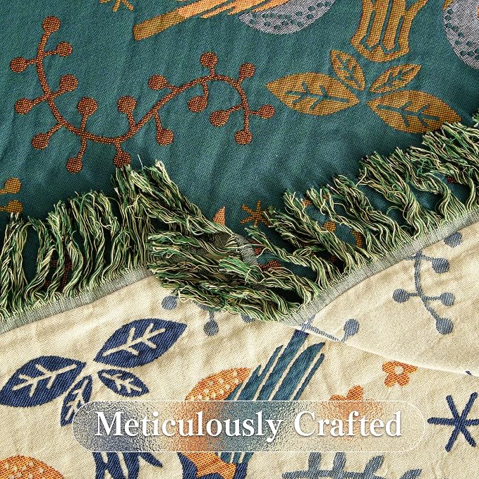 Phuryllic Boho Throw Blanket Full Size, Extra Large Soft Cozy Cotton Muslin Quilt Blanket for Bed Decor, Bird Patterned Couch Sofa Chair Cover, Vintage Farmhouse Cottage Woven Blanket, Green&Beige
