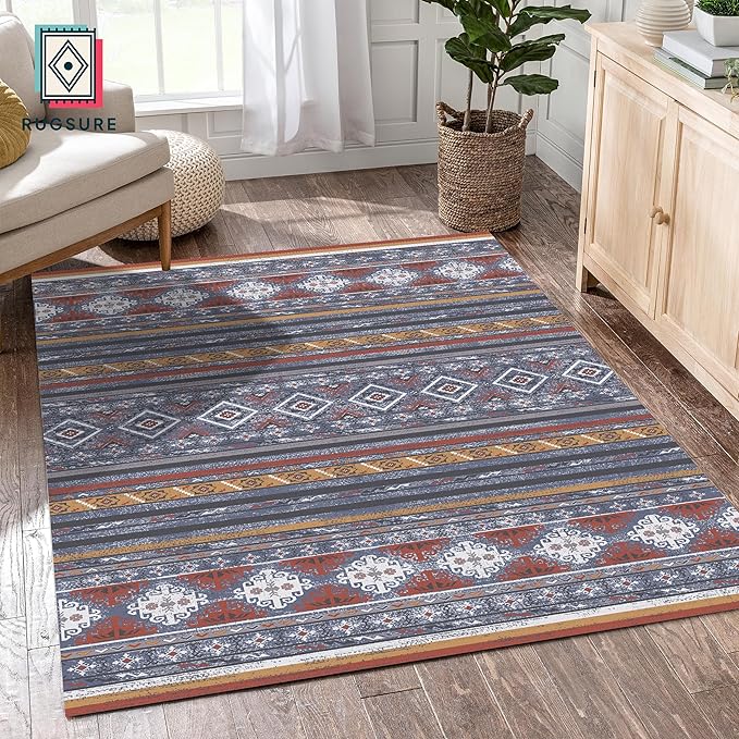Washable Area Rugs 3' x 5 ' - 1/6 Thick - Moroccan-Inspired -Stain & Water Resistant Non-Slip - Resistant Rug for Living Room, Bedroom, Nursery, Pet & Child Friendly (Blue and Red)