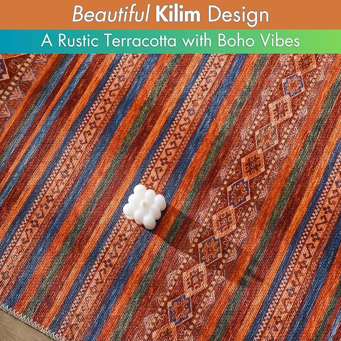 Sacred Artisans Boho 5x7 Area Rug for Living Room, Dining Room and Office | Washable, Non Slip, Pet Friendly and Low Pile (Kilim, 5' x 7')
