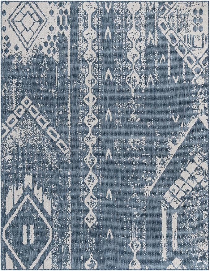 Unique Loom Outdoor Bohemian Collection Area Rug - Anthro (7' 10" x 10' Rectangle, Blue/ Ivory)
