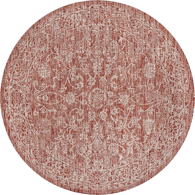 JONATHAN Y Weave Floral Indoor Outdoor Round Area Rug 5 Ft Red/Taupe, Tela Bohemian Textured for Backyard, Patio, Porch, Easy-Cleaning, High Traffic, Pet-Friendly, Non-Shedding (SMB100A-5R)