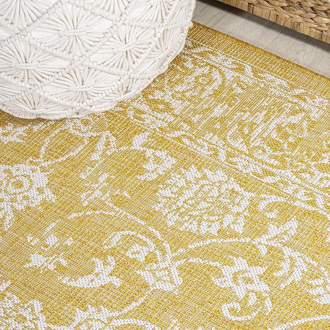 JONATHAN Y Weave Floral Indoor Outdoor Square Area Rug 5X5 Yellow/Cream, Tela Bohemian Textured for Backyard, Patio, Porch, Easy-Cleaning, High Traffic, Pet-Friendly, Non-Shedding (SMB100E-5SQ)