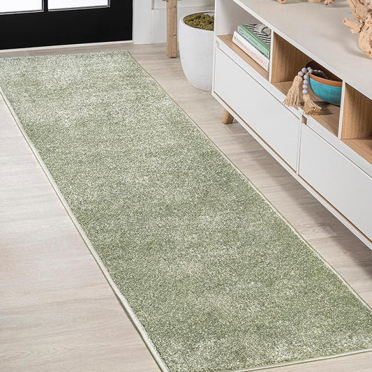 JONATHAN Y Haze Solid Low-Pile Green Runner Rug 2x14, Coastal,Bohemian,Minimalist,Classic, Easy-Cleaning for Living Room,Bedroom,Kitchen,Pet Friendly,Non-Shedding (SEU100O-214)