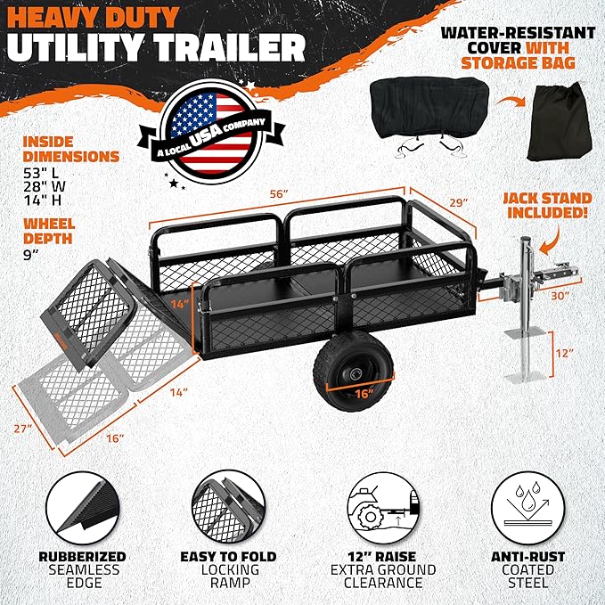 Mockins Heavy Duty 750 Lbs. Capacity UTV ATV Utility Trailer w/Cover & Net | Lawn Mower Trailer w/ Ramp, Jack Stand & 16" Wheels | Off-Road Steel Garden Dump Cart for Lawn Tractor , ATV Cart & More