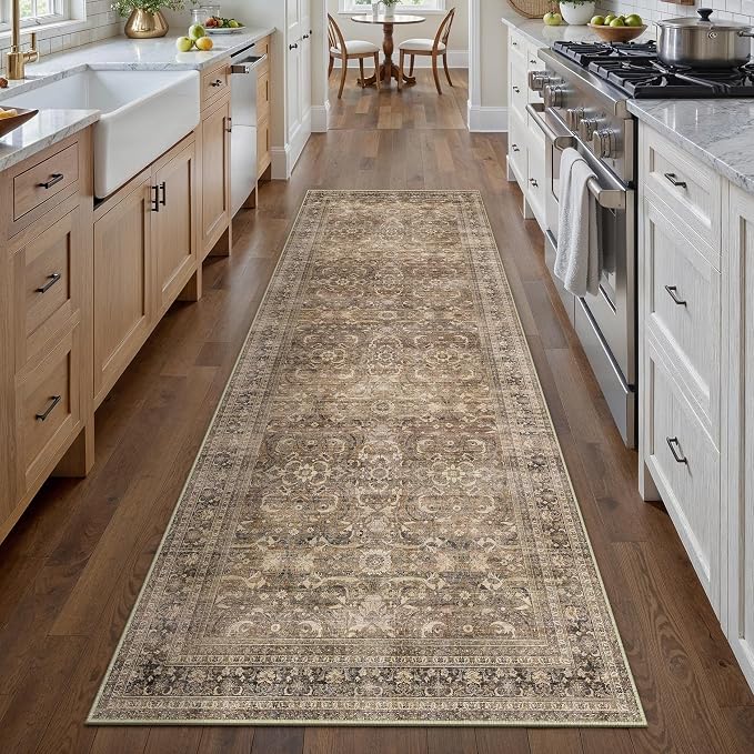 2x10 Brown Vintage Distressed Washable Runner Rug for Hallway | Low Pile, Non Slip, Retro Style, Soft Distressed Long Hallway Runner for Kitchen, Entryway, Laundry, Bedroom, Home Decor