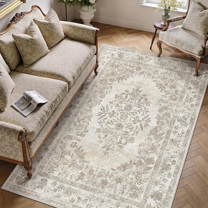 5x8 Washable Area Rug Living Room Cream Beige Vintage Carpet | Soft Low Pile, Non Slip, Stain Resistant, Floral Medallion, Neutral Retro Decor for Bedroom, Dining Room, Kids Room, Office
