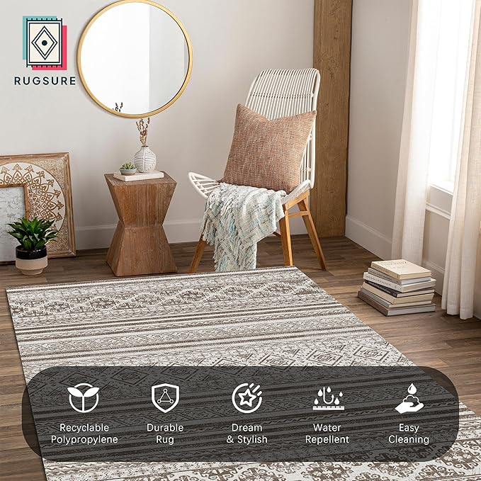 Washable Area Rugs 5' x 7' - 1/6 Thick - Moroccan-Inspired -Stain & Water Resistant Non-Slip - Resistant Rug for Living Room, Bedroom, Nursery, Pet & Child Friendly (Brown)