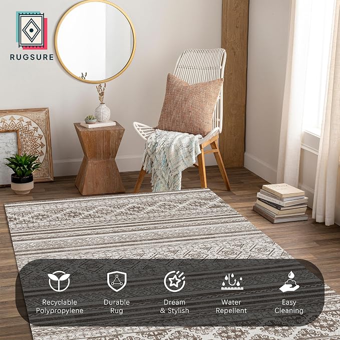 Washable Area Rugs 8' x 10' - 1/6 Thick - Moroccan-Inspired -Stain & Water Resistant Non-Slip - Resistant Rug for Living Room, Bedroom, Nursery, Pet & Child Friendly (Brown)