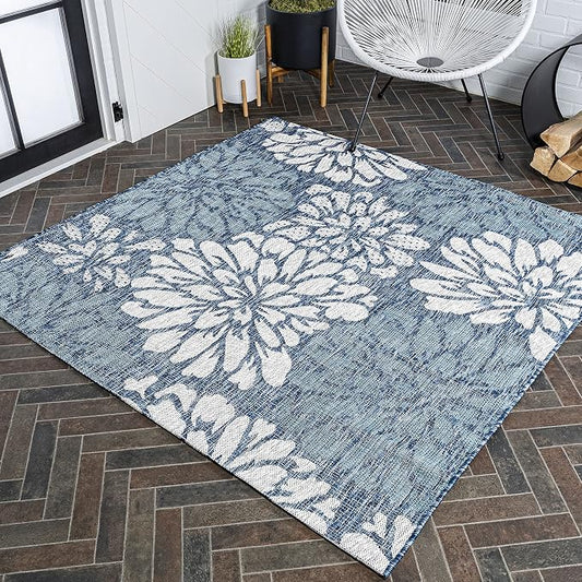 JONATHAN Y Floral Textured Weave Indoor Outdoor Square Area Rug 9X9 Navy/Aqua, Zinnia Modern for Backyard, Patio, Porch, Easy-Cleaning, High Traffic, Pet-Friendly, Non-Shedding (SMB110C-9SQ)