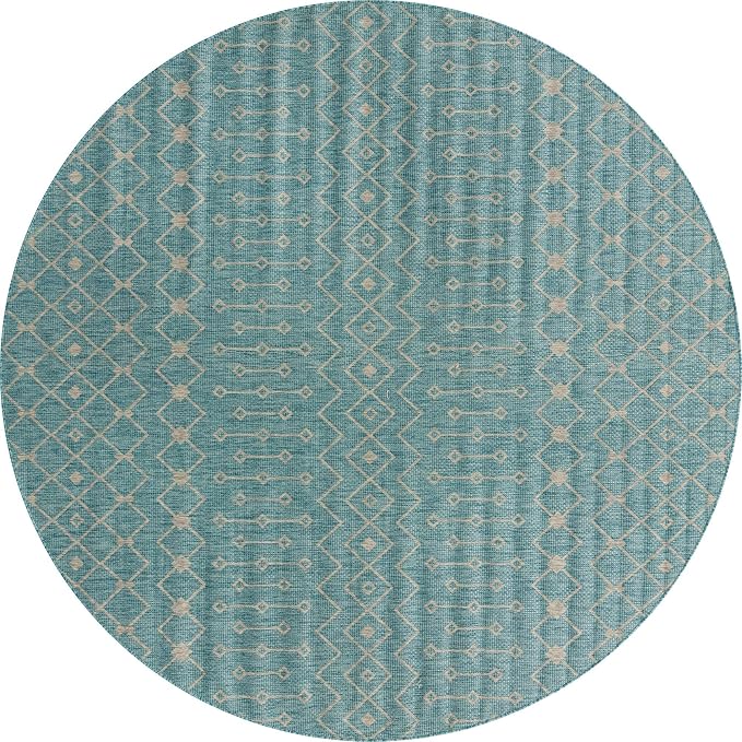 Unique Loom Outdoor Trellis Collection Area Rug - Tribal Trellis (10' 8" Round, Aqua/ Ivory)