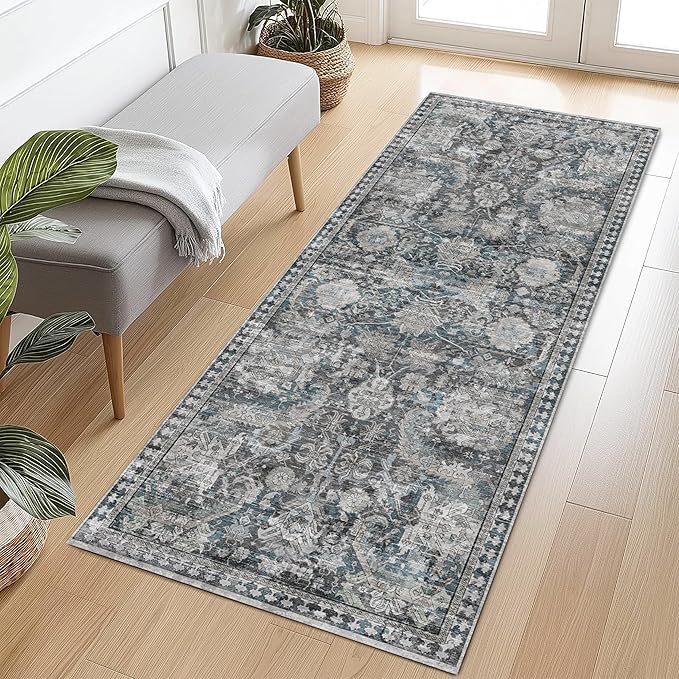 Washable Area Rugs - Perfect for Living Room, Bedroom, Kids Room, Nursery - Stain & Water Resistant Non-Slip, Pet & Child Friendly, Vintage Tribal Area Rugs (Grey and Bule, 2'6'' x 8')