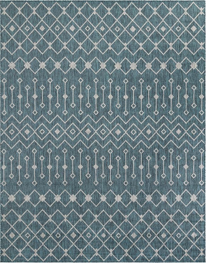 Unique Loom Outdoor Trellis Collection Area Rug - Tribal Trellis (7' 10" x 10' Rectangle Teal/Ivory)