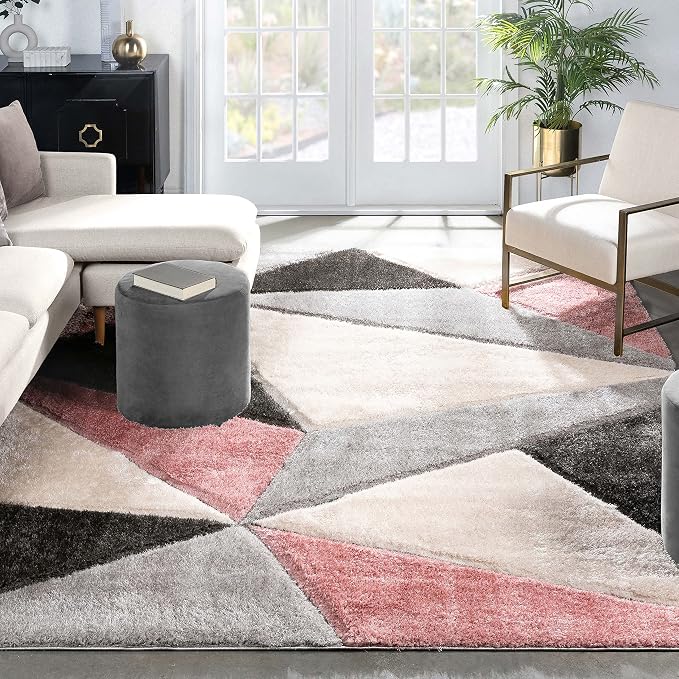 Well Woven Walker Pink Triangle Boxes Thick Soft Plush 3D Textured Shag Area Rug 4x6 (3'11" x 5'3")