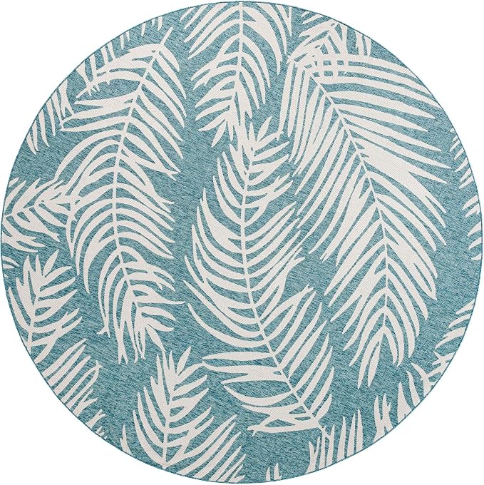 Unique Loom Outdoor Botanical Collection Area Rug - Palm (12' Round Light Aqua/Ivory)