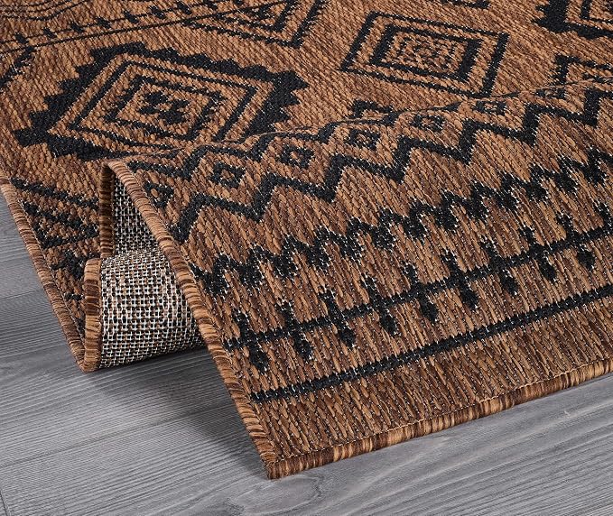Beverly Rug Waikiki Boho Indoor Outdoor Rug 5x7, Washable Outside Carpet for Patio, Deck, Porch, Bohemian Area Rug, Farmhouse Rugs, Aztec Tribal Rug, Nut Brown and Black