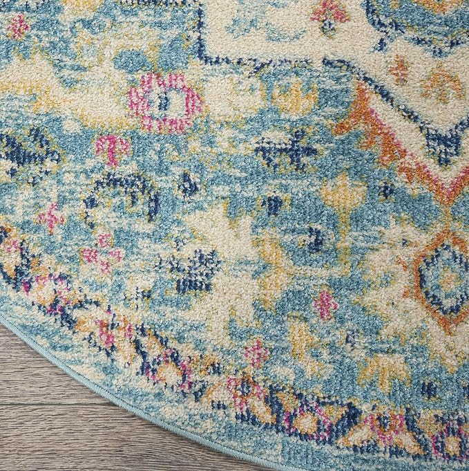 Nourison Home Passion Ivory Light Blue 5' x Round Area Rug - Easy Clean, Non Shedding, Bed Room, Living Room, Dining Room, Kitchen (5' x Round)
