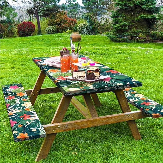 Picnic Table Cover with Bench Covers Camping Essentials Tropical Palm Leaves Outdoor Table Covers with Elastic Waterproof Fitted Tablecloth for RV Picnic Travel
