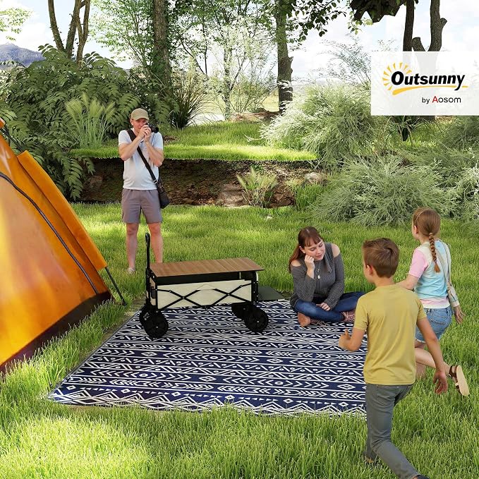 Outsunny Outdoor Rug for Patio, 8' x 10' Waterproof Large Mat, Reversible Plastic Straw Rug for Decor, Portable Outside RV Camping Area Carpet Mat for Backyard Porch Deck Picnic, Blue White Geometric