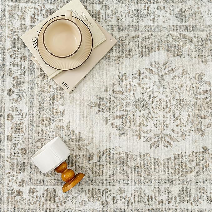 7x9 Washable Area Rug Living Room Cream Beige Vintage Large Carpet | Soft Low Pile, Non Slip, Stain Resistant, Floral Medallion, Neutral Retro Decor for Bedroom, Dining Room, Kids Room, Office