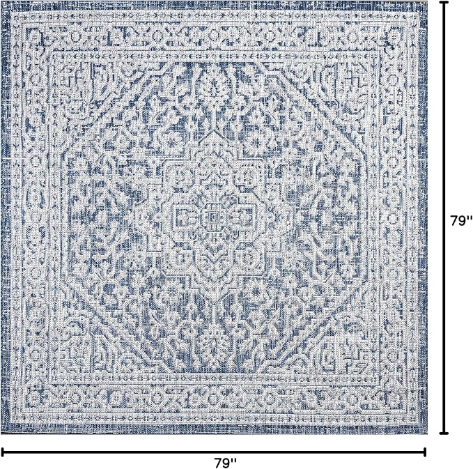 JONATHAN Y Medallion Weave Indoor Outdoor Square Area Rug 6X6 Navy/Gray, Sinjuri Textured for Backyard, Patio, Porch, Easy-Cleaning, High Traffic, Pet-Friendly, Non-Shedding (SMB101B-6SQ)