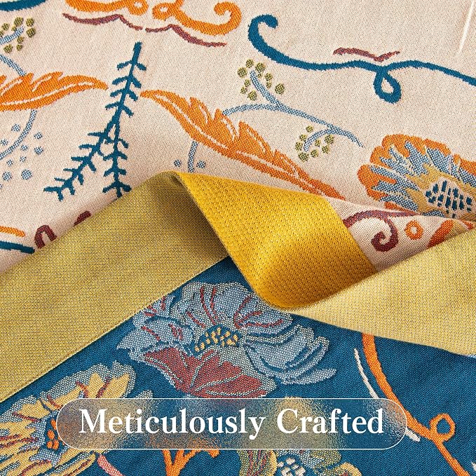 Phuryllic Boho Throw Blanket Twin Size, Soft Cozy Cotton Muslin Quilt Blanket for Bed Decor, Floral Patterned Couch Sofa Chair Cover, Vintage Farmhouse Cottage Tapestry Woven Blanket, Yellow&Blue