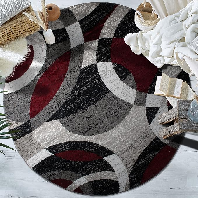 Rugshop Abstract Circles Contemporary High Traffic Round Rug Red 6'6" | Round, Living Room, Bedroom, Dining Room, Home Office, Kitchen, Entryway, Hallway, Nursery, Kids Room, Guest Room