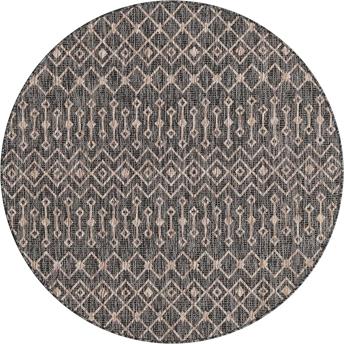 Unique Loom Outdoor Trellis Collection Area Rug - Tribal Trellis (5' 3" Round, Charcoal Gray/ Natural)
