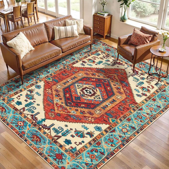 SERISSA 5x8 Washable Non Slip Boho Area Rug for Living Room，Orange | Ultra Soft Vintage Oriental Carpet Low-Pile Distressed Tribal Floor Carpet for Bedroom Dining Room Dorm Office Home Decor