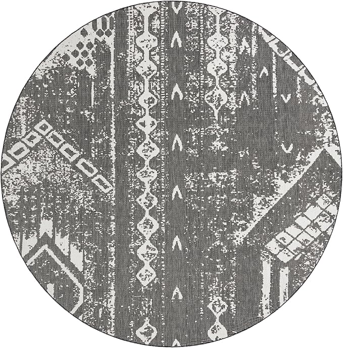 Unique Loom Outdoor Bohemian Collection Area Rug - Anthro (10' 8" Round, Charcoal Gray/ Ivory)