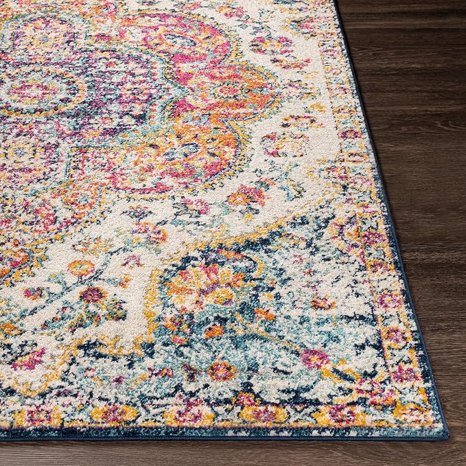 Livabliss Area Rugs - 5x7 Romaine Vintage Boho Fuchsia Mustard Blue Area Rug for Living Room Bedroom - Floral Medallion Stain Resistant Carpet for Kitchen, Nursery, Office (5'3" x 7'6")