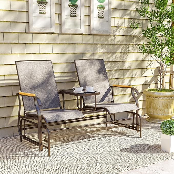 Outsunny 2 Person Outdoor Glider Bench, Patio Swing Glider Chair Loveseat with Breathable Mesh, Table, Steel Frame for Garden, Backyard, Porch, Light Mixed Brown