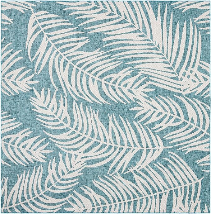 Unique Loom Outdoor Botanical Collection Area Rug - Palm (10' Square Light Aqua/Ivory)