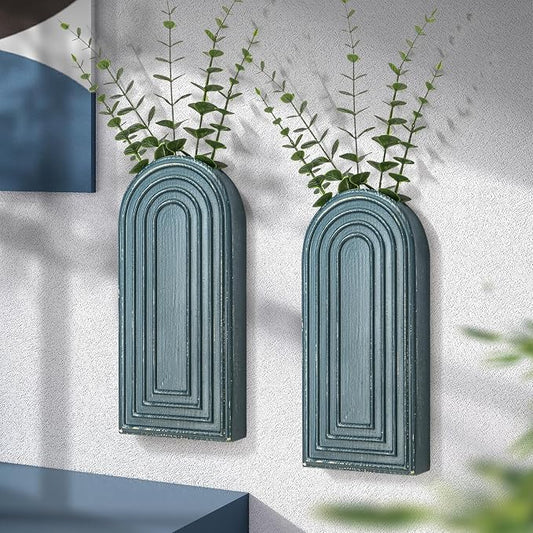 EOSAHR Pine Wood Wall Vases Set of 2 – Boho Decor Wall Planters for Indoor Plants & Flowers – Farmhouse Hanging Vases for House Decorations Living Room, Bedroom, Kitchen & Office (Denim Blue)