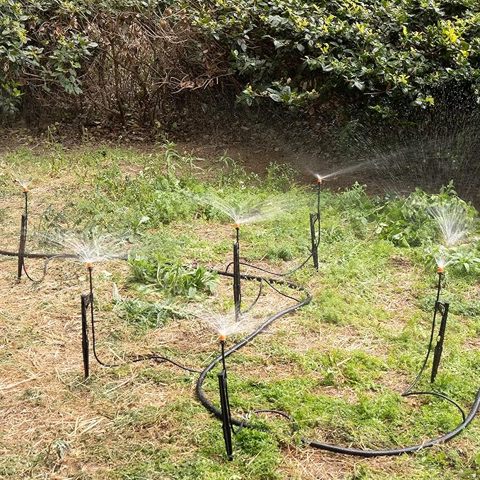20 Sets 180 Degree Irrigation Sprinkler Heads with Stake Drip Micro Spray Emitters with 1/4" Irrigation Tubing on Riser Stake Micro Spray Sprinkler Stake Assembly for Garden Watering System