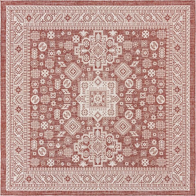 Unique Loom Outdoor Aztec Collection Area Rug - Chalca (7' 10" Square, Rust Red/ Ivory)