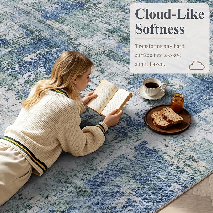 Sasttie 5x7 Washable Area Rug, Modern Abstract Carpet, Blue & Green | Ultra-Soft Faux Wool, Low Pile, Non-Slip, Lightweight, Thin, for Nursery, Living Room, Bedroom, Dinning Room & Dorm