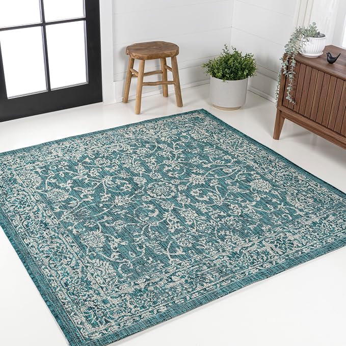 JONATHAN Y Weave Floral Indoor Outdoor Square Area Rug 9X9 Teal/Gray, Tela Bohemian Textured for Backyard, Patio, Porch, Easy-Cleaning, High Traffic, Pet-Friendly, Non-Shedding (SMB100C-9SQ)