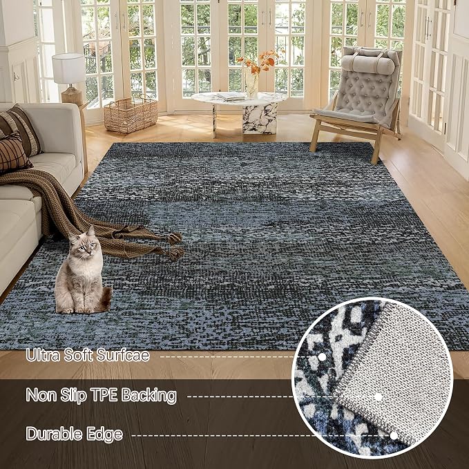 Washable Area Rug - 1/6 Thick - Stain & Water Resistant Non-Slip - Resistant Rug for Living Room, Bedroom, Nursery, Pet & Child Friendly, Vintage Charm Area Rugs (Darkgrey+Bule, 8' x 10')