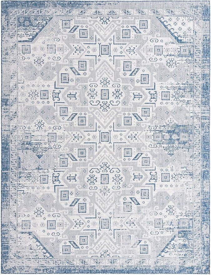 Unique Loom Outdoor Aztec Collection Area Rug - Coba (10' x 14' 1" Rectangle, Blue/ Ivory)